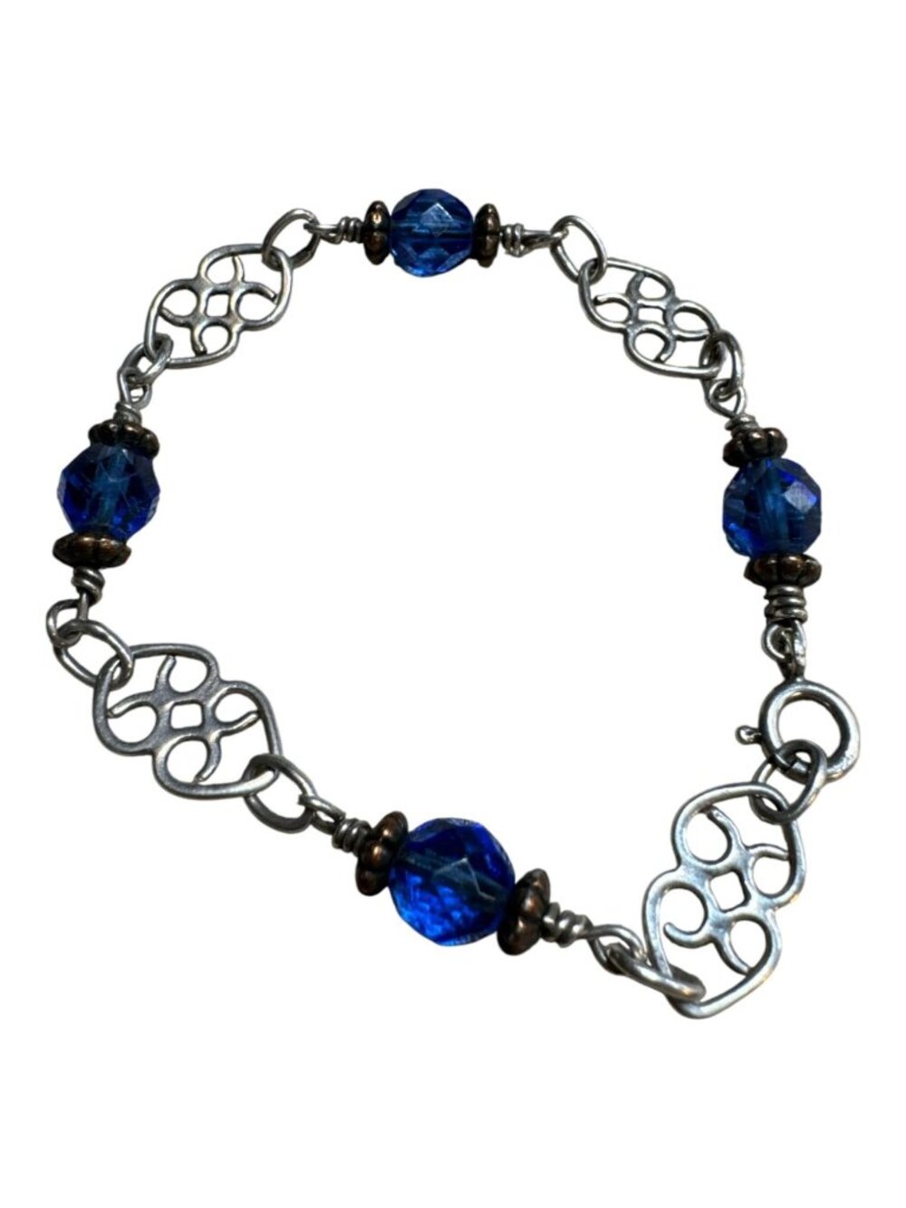 Silver Filigree Link Bracelet Blue Faceted Beads Ornate Metalwork 7.00 Inches Lo